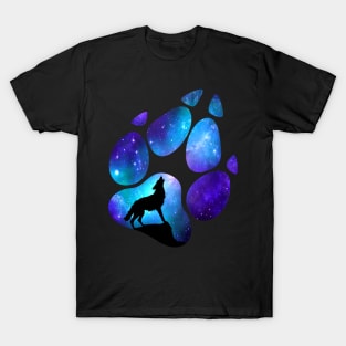 Dramabite Wolf Paw Galaxy Surreal Wild Lone Wolves Double Exposure Stars T-Shirt